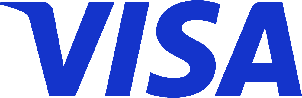 Blue VISA logo (wordmark) in bold letters on blue background-like space.